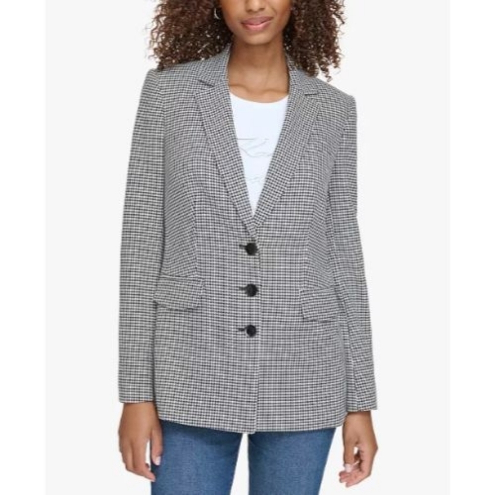 Karl Lagerfeld Paris Black White Houndstooth Check Classic Elegant Blazer